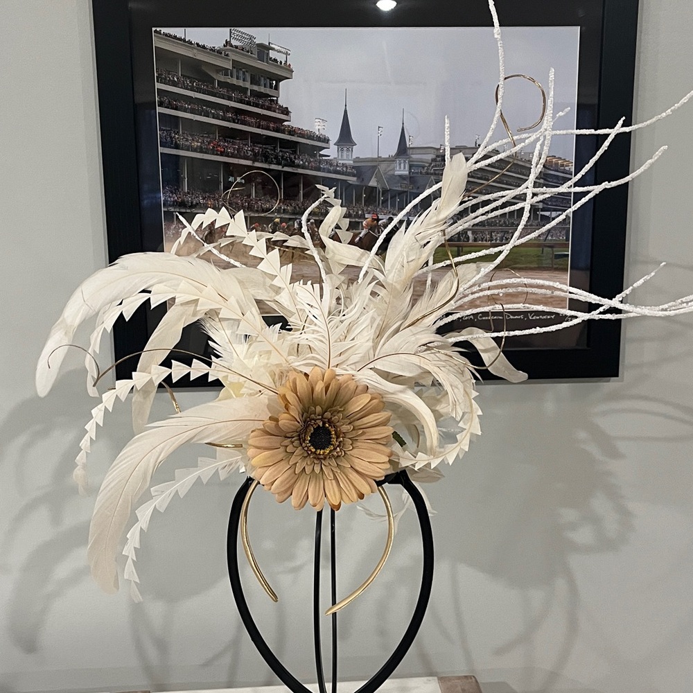 Cream Feather Fascinator Headband with Tan Flower